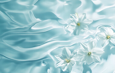 soft, silky bright blue materal surface in the water with white flowers flowing on it; beautiful, minimalistic spring & summer advertising background