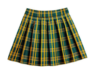 Green and yellow plaid pleated skirt on black background, cut out