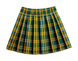 Green and yellow plaid pleated skirt on black background, cut out