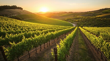 A beautiful vineyard at golden hour displays rows of grapevines