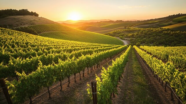 A beautiful vineyard at golden hour displays rows of grapevines