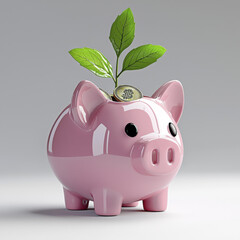 pink piggy bank with coin and plant growing from it symbolizes financial growth