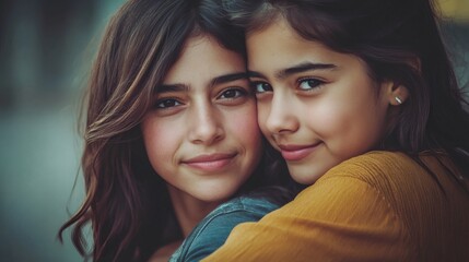 Two young girls share an embrace and show affection to each other