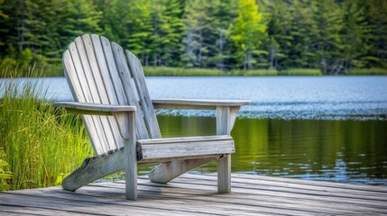 Fototapeta premium A rustic wooden chair rests on a weathered dock, overlooking a serene lake. The sun casts gentle reflections on the water, surrounded by lush greenery and distant hills.