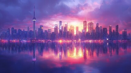 Fototapeta premium Vibrant city skyline at sunrise reflected on water