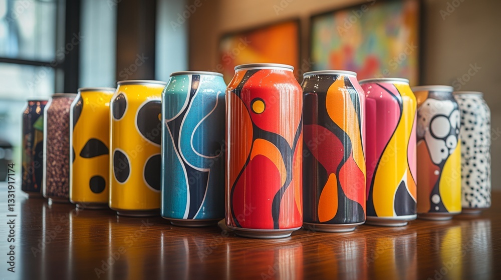 Aufkleber a collection of vibrant beverage cans featuring unique artistic designs is arranged neatly on a wood