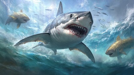 Fototapeta premium A dynamic shot of a shark chasing a school of fish through the ocean