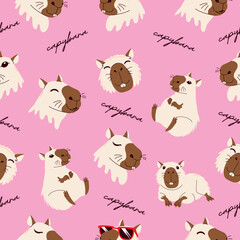 Seamless pattern with capybaras and text. Cute animals on a pink background. Vector illustration for wallpaper, packaging, textiles, and children's collections.