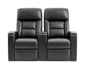 Fototapeta premium Black leather recliner sofa with dual seating and cup holders, cut out