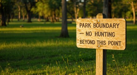Park Boundary Sign with No Hunting Regulation in Green Grassy Meadow