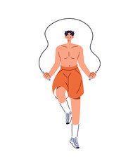 Muscular boy does cardio training, warms up with skipping rope. Happy athlete jumps, does exercise with leaps, hops during sports workout. Flat isolated vector illustration on white background