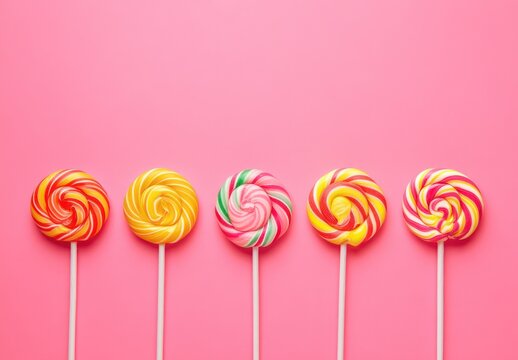 Colorful swirl lollipops on pink background, sweet treats, candy concept