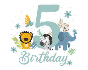 Cute Jungle Animals 5th Birthday Clipart. Vector illistration.