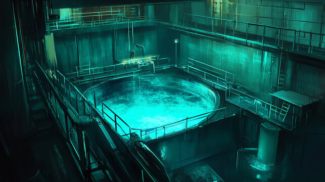 A reactor bathed in an eerie blue glow processes uranium fuel, as plutonium byproducts are carefully extracted and stored