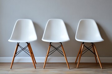 three white chairs with wooden legs are set against a gray wall.