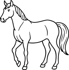 Obraz premium Cute cartoon horse drawing in clear line art style, perfect for printable coloring pages, kids' art projects, and preschool activities