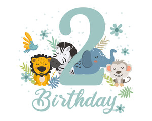 Cute Jungle Animals 2nd Birthday Clipart. Vector illistration.