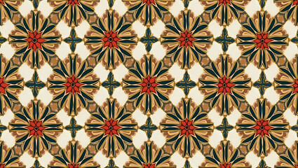Fototapeta premium Symmetrical Flower Mandala with Gold Accents: Art Deco Seamless Tile Pattern for Glamorous Interiors - A Chic Flat Vector Illustration for Stylish Spaces
