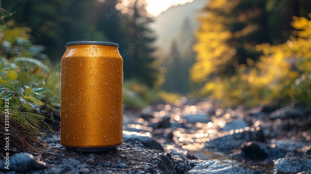 Poster a vibrant orange can stands out against a rocky stream bed surrounded by lush green trees. the scene