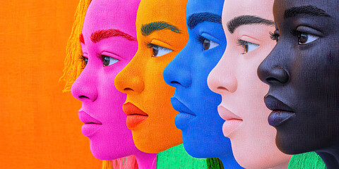 Obraz premium Profile Portraits of Five Women in Varied Colors