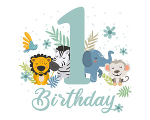 Cute Jungle Animals First Birthday Clipart. Vector illistration.