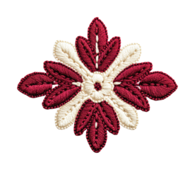 Intricate red and white crochet floral design on black background, cut out
