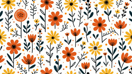 Bold Floral Lines and Vibrant Colors: Modern Abstract Wildflowers Seamless Tile Pattern for Contemporary Artistic Spaces - Perfect for Photo Stock Concepts with Left Side Empty Space