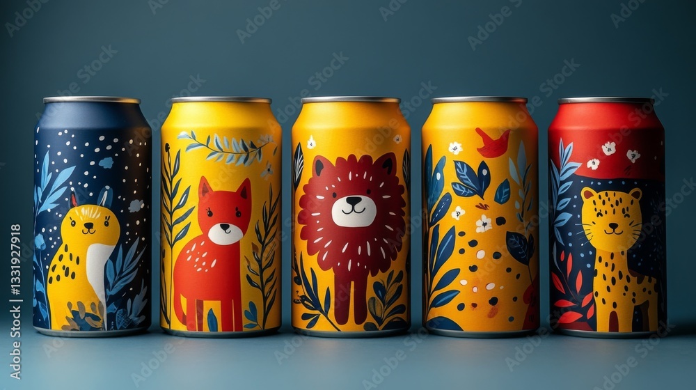 Poster five uniquely designed beverage cans sit on a table, each featuring colorful animal illustrations ag