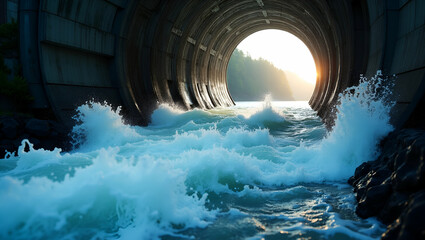 Dynamic Flat Illustration of Water Flowing Through an Industrial Tunnel: Showcasing Motion, Power, and Vibrant Energy in a Cute Vector Style for Smart Business