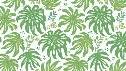 Freeform Monstera and Palm Shapes with Natural Green Hues: Organic Tropical Seamless Tile Pattern for Natural Themed Spaces in Photo Stock Concept with Left Space