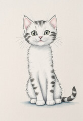 Fototapeta premium A cute, illustrated cat with distinctive stripes and a playful expression, sitting upright and looking directly at the viewer.