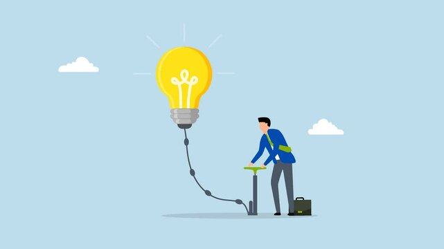 Create new idea, 4k animation entrepreneur inflate air into large lightbulb concept. 