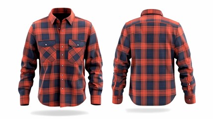 modern red blue flannel shirt long sleeve mockup with front and back views isolated clean white background 