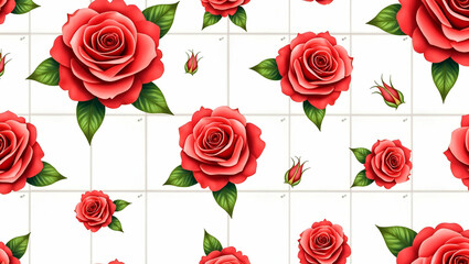 Vibrant Red Roses and Tropical Leaves Seamless Tile Pattern on White Background: Perfect for Sunny Lounges - A Simple Flat Vector Illustration for Stylish Business Spaces