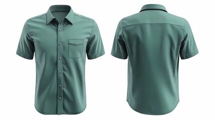 modern green button down shirt short sleeve mockup with front and back views isolated clean white background 