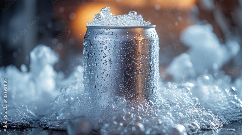 Poster A sparkling beverage can rests amidst a cascade of frothy bubbles, creating a lively atmosphere. The light enhances the cool metal surface and adds a refreshing feel to the moment.