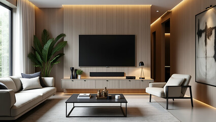Modern Living Room Design: Stylish Furniture and TV Setup for a Cozy Home Entertainment Space - Flat Vector Illustration for Smart Business Concepts