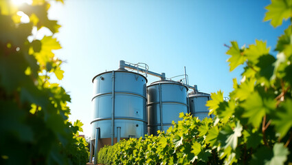 Metallic Fermentation Tanks Amidst Lush Green Grape Leaves: A Symbol of Winemaking Harmony Under a Bright Blue Sky - Stock Photo Concept with Space for Text
