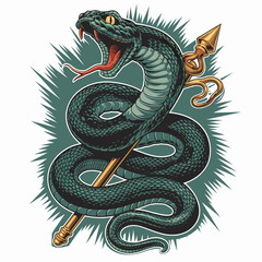 Obraz premium Vector illustration of a large, coiled dark green snake with an open mouth wrapped around a golden scepter on a white background.