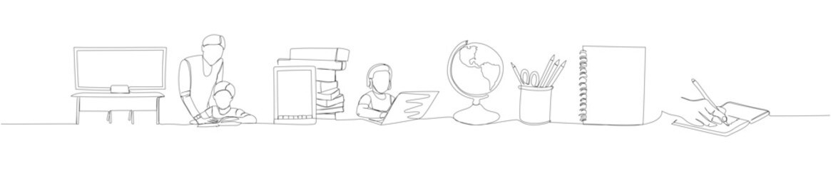Set school education, teacher, school class, notes, globe one line art. Continuous line drawing of online learning, knowledge, cognition, school, kindergarten, education.