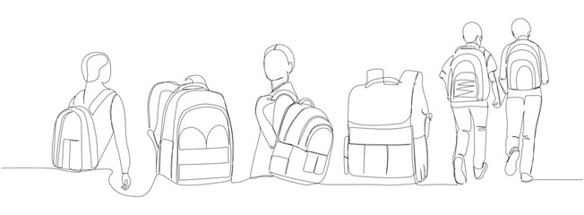 Set of student with a large backpack, school supplies one line art. Continuous line drawing of online learning, knowledge, study, school uniform, bag, education.