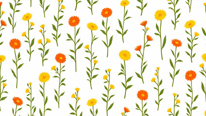 Lush Green Marigold Stems and Vibrant Clusters on White Background: A Tropical Seamless Tile Pattern Perfect for Sunny Lounges - Simple Flat Cute Vector Illustration for Smart Business Use