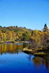 Autumn landscape with golden reflections on a blue river.