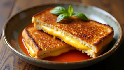 Crispy Edged Grilled Cheese Sandwiches with Tomato Soup: A Comforting Appetizer in Simple Flat Vector Illustration for Smart Business Appeal