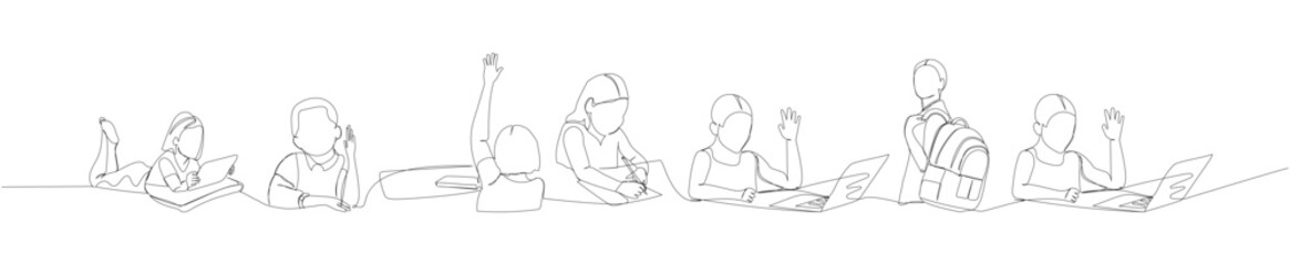 set of students answering in lessons, online learning one line art. Continuous line drawing of online learning, knowledge, school, preparation, answer, lesson