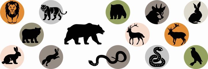 Naklejka premium Vector art of animal silhouettes in circular icons