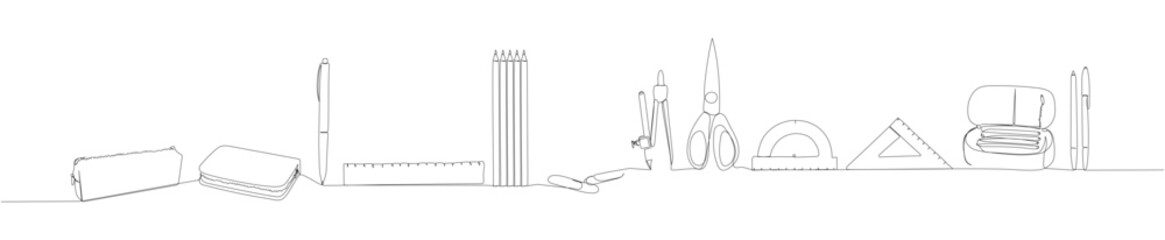 stationery set, pens, pencils, rulers one line art. Continuous line drawing of online learning, school supplies, stationery storage, exam, office supplies, education.
