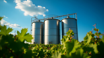 Metallic Fermentation Tanks Amidst Lush Grape Leaves: Winemaking Harmony