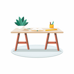 Vector illustration of a wooden desk with a pencil holder, ruler, and potted plant on a light gray rug.