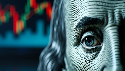 Close up of Benjamin Franklins eye on a 100 USD bill with stock market chart behind symbolizing US economic crisis inflation refusal of international dollar settlements concept as Close up of Benjamin
